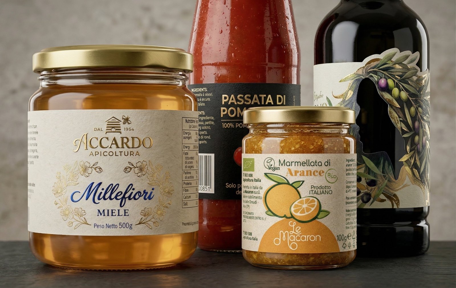 Composizione prodotti food con etichette premium GrafiPrint